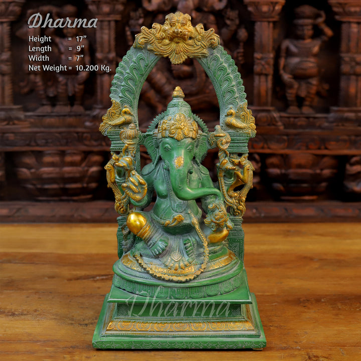 Brass Ganesh Statue, Seated on a Chowki, Green Patina and Golden Finish 17" front view