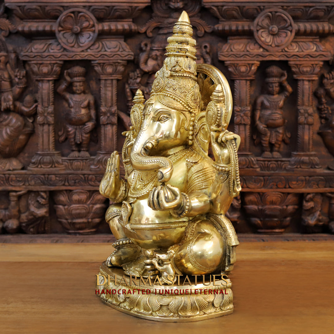 Brass Ganesh Seated , With Surya on the Back, Special Gold Finish 20"