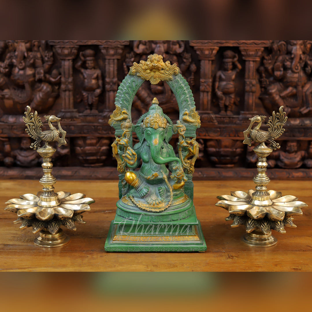 Brass Ganesh Statue, Seated on a Chowki, Green Patina and Golden Finish 17"