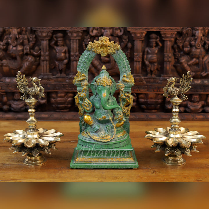 Brass Ganesh Statue, Seated on a Chowki, Green Patina and Golden Finish 17"