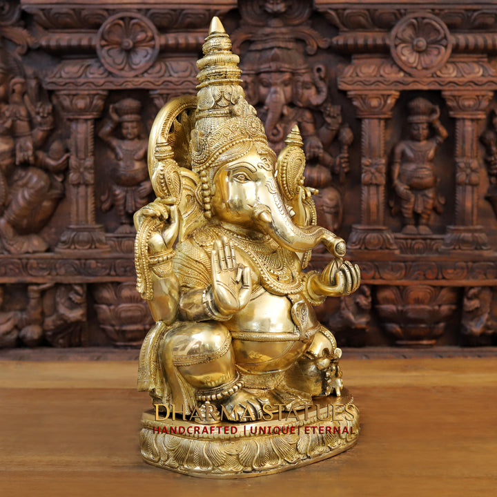 Brass Ganesh Seated , With Surya on the Back, Special Gold Finish 20"