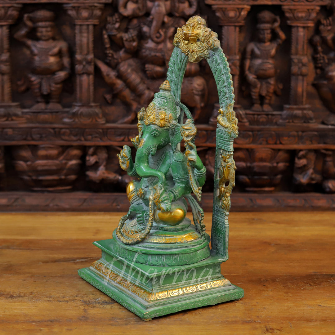 Brass Ganesh Statue, Seated on a Chowki, Green Patina and Golden Finish 17" side view