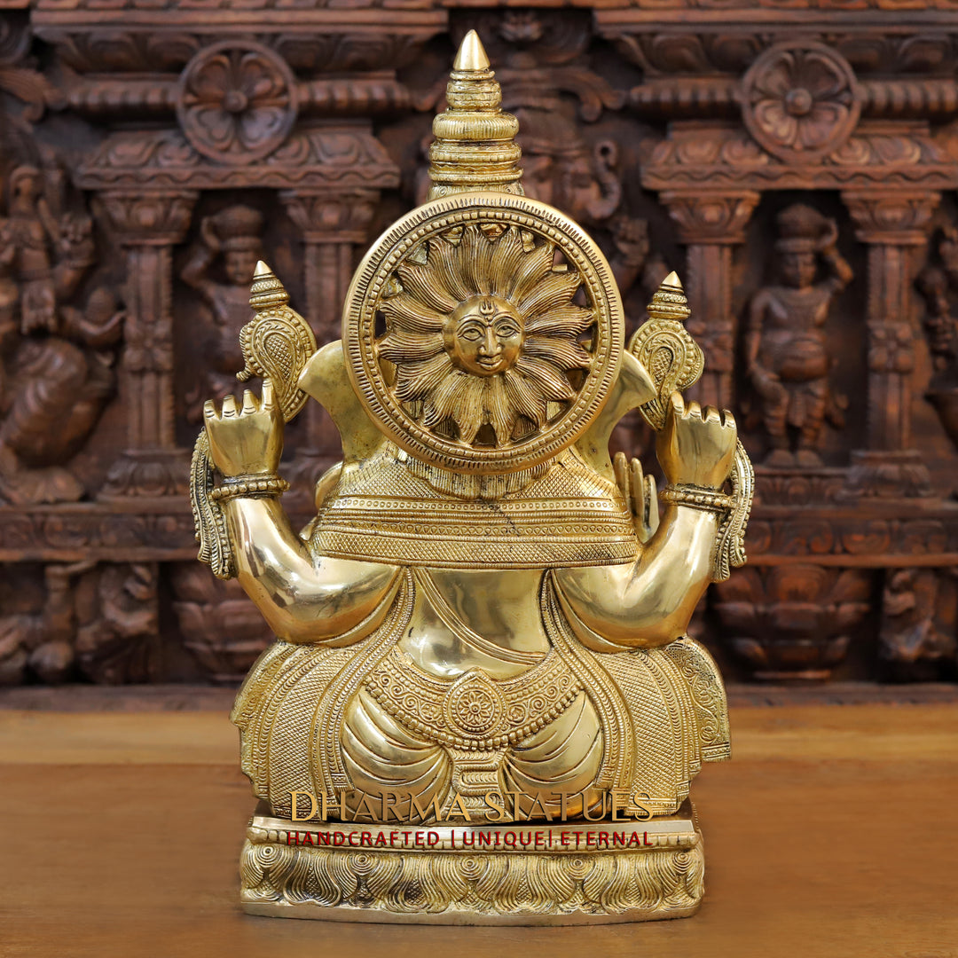 Brass Ganesh Seated , With Surya on the Back, Special Gold Finish 20"