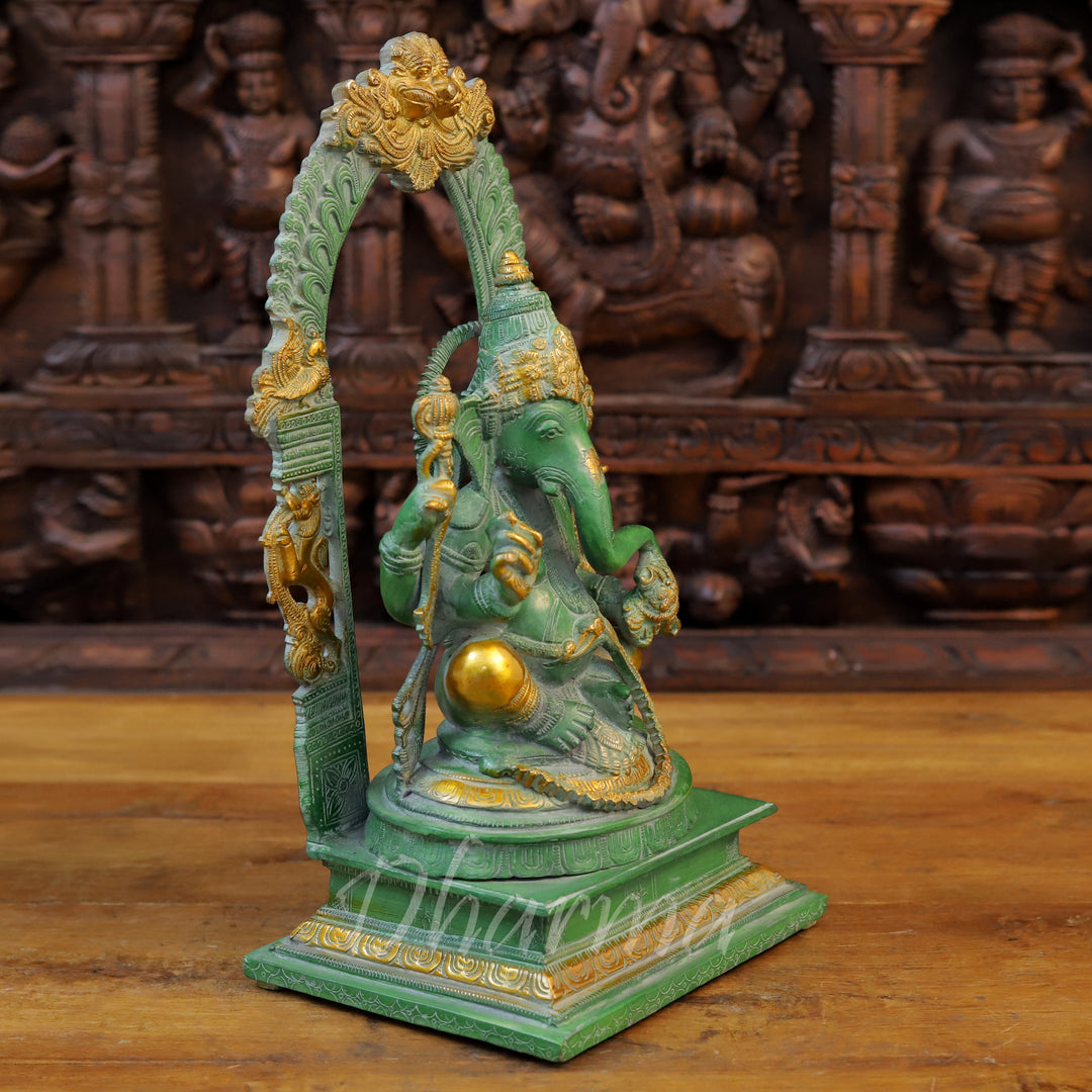 Brass Ganesh Statue, Seated on a Chowki, Green Patina and Golden Finish 17" side view