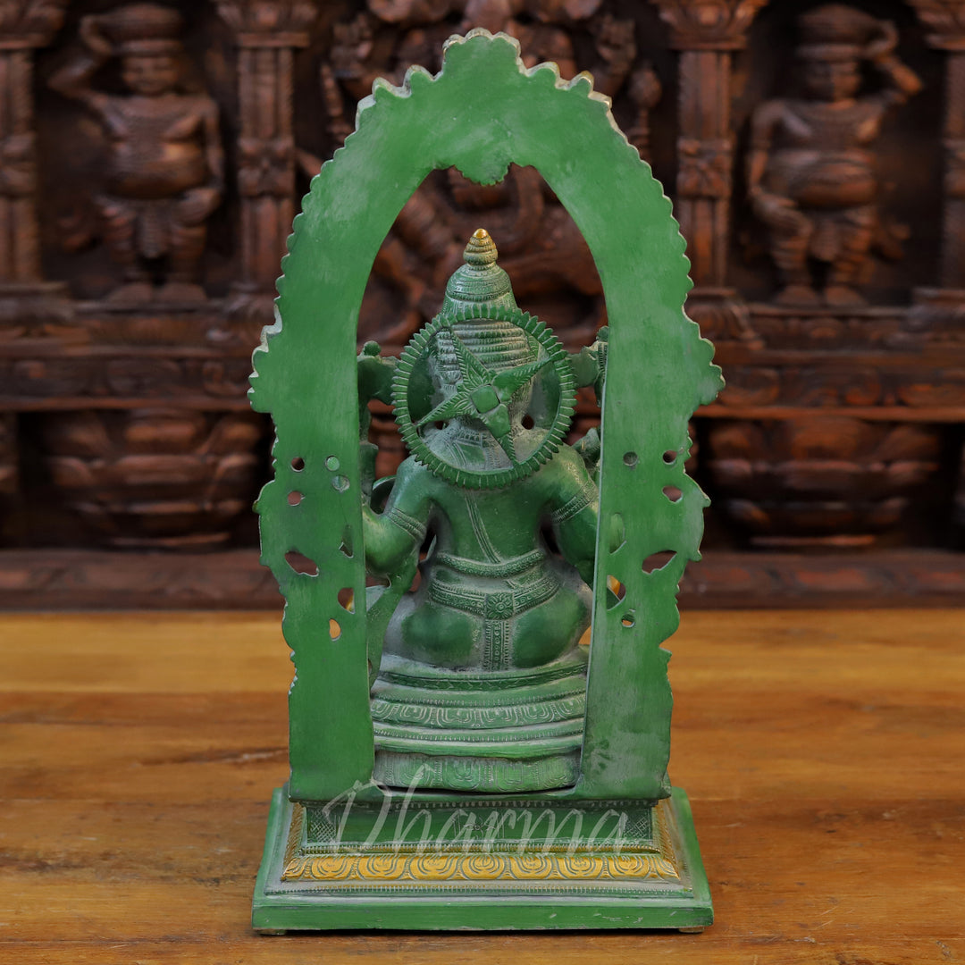 Brass Ganesh Statue, Seated on a Chowki, Green Patina and Golden Finish 17" back view