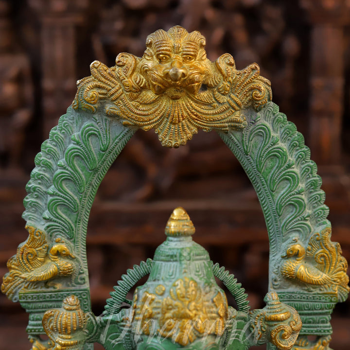 Brass Ganesh Statue, Seated on a Chowki, Green Patina and Golden Finish 17"