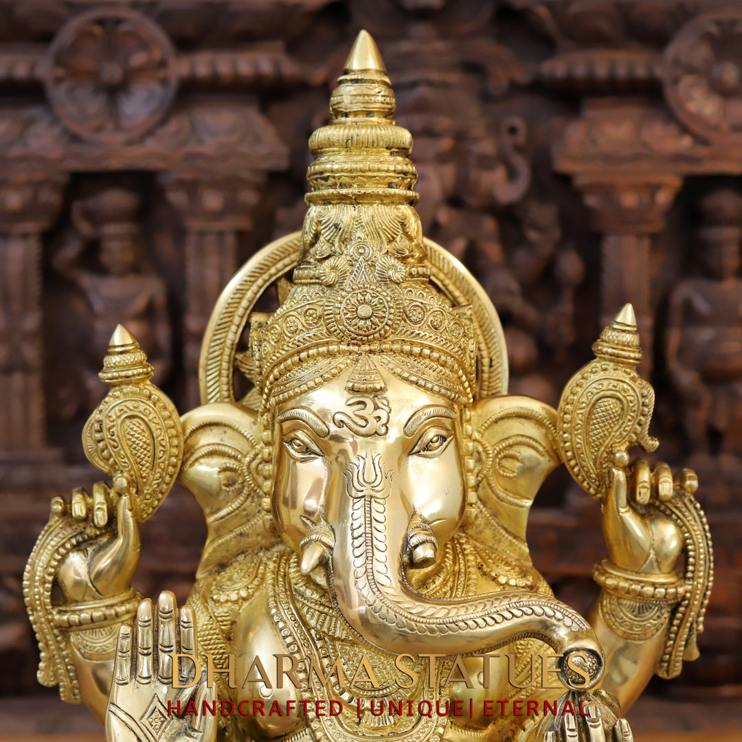 Brass Ganesh Seated , With Surya on the Back, Special Gold Finish 20"