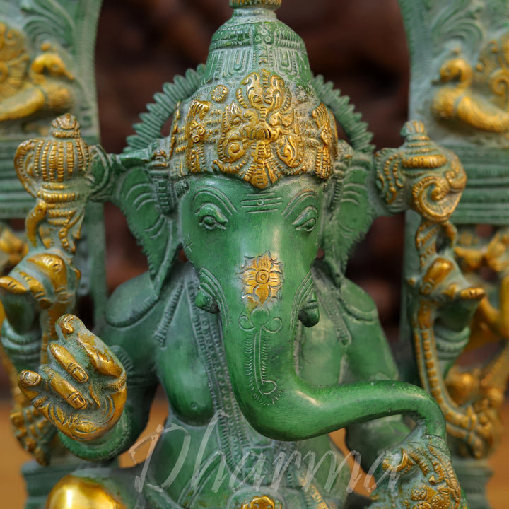 Brass Ganesh Statue, Seated on a Chowki, Green Patina and Golden Finish 17"