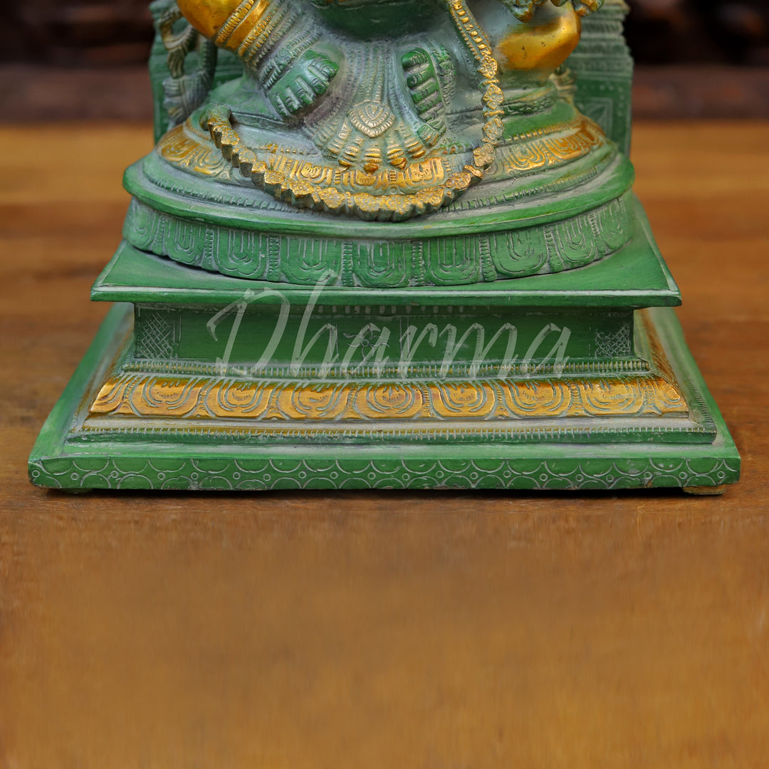 Brass Ganesh Statue, Seated on a Chowki, Green Patina and Golden Finish 17"