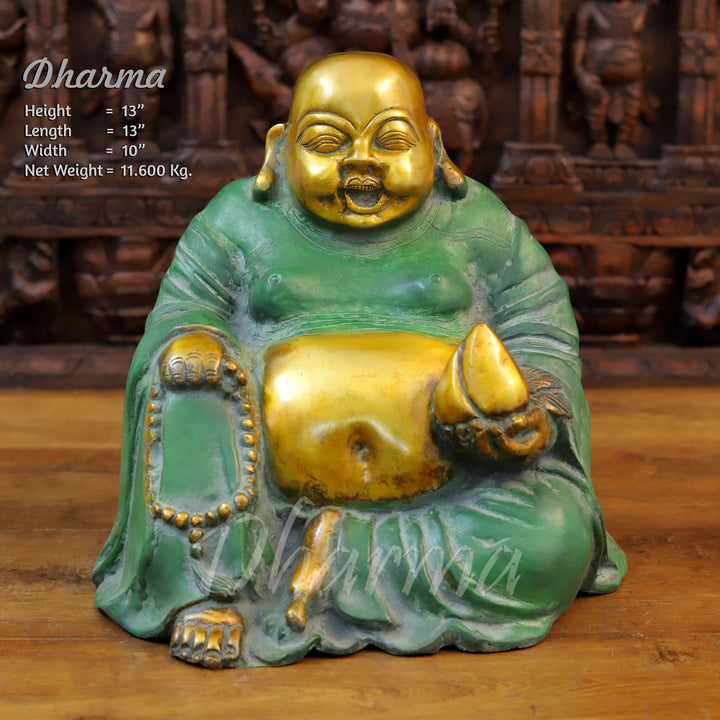 Brass Laughing Buddha Idol, Seated, Golden & Green patina Finish 13" front view