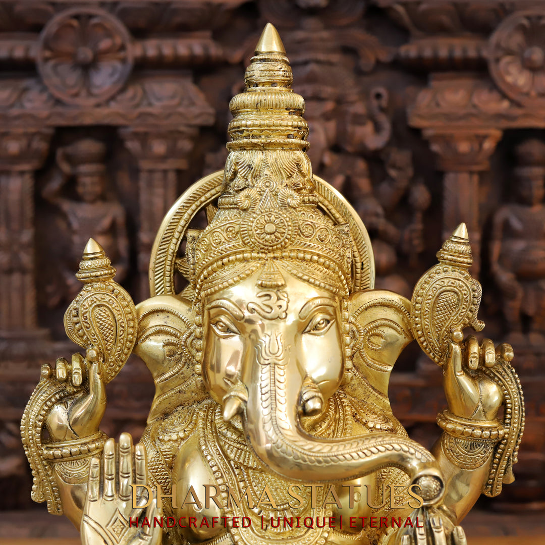 Brass Ganesh Seated , With Surya on the Back, Special Gold Finish 20"