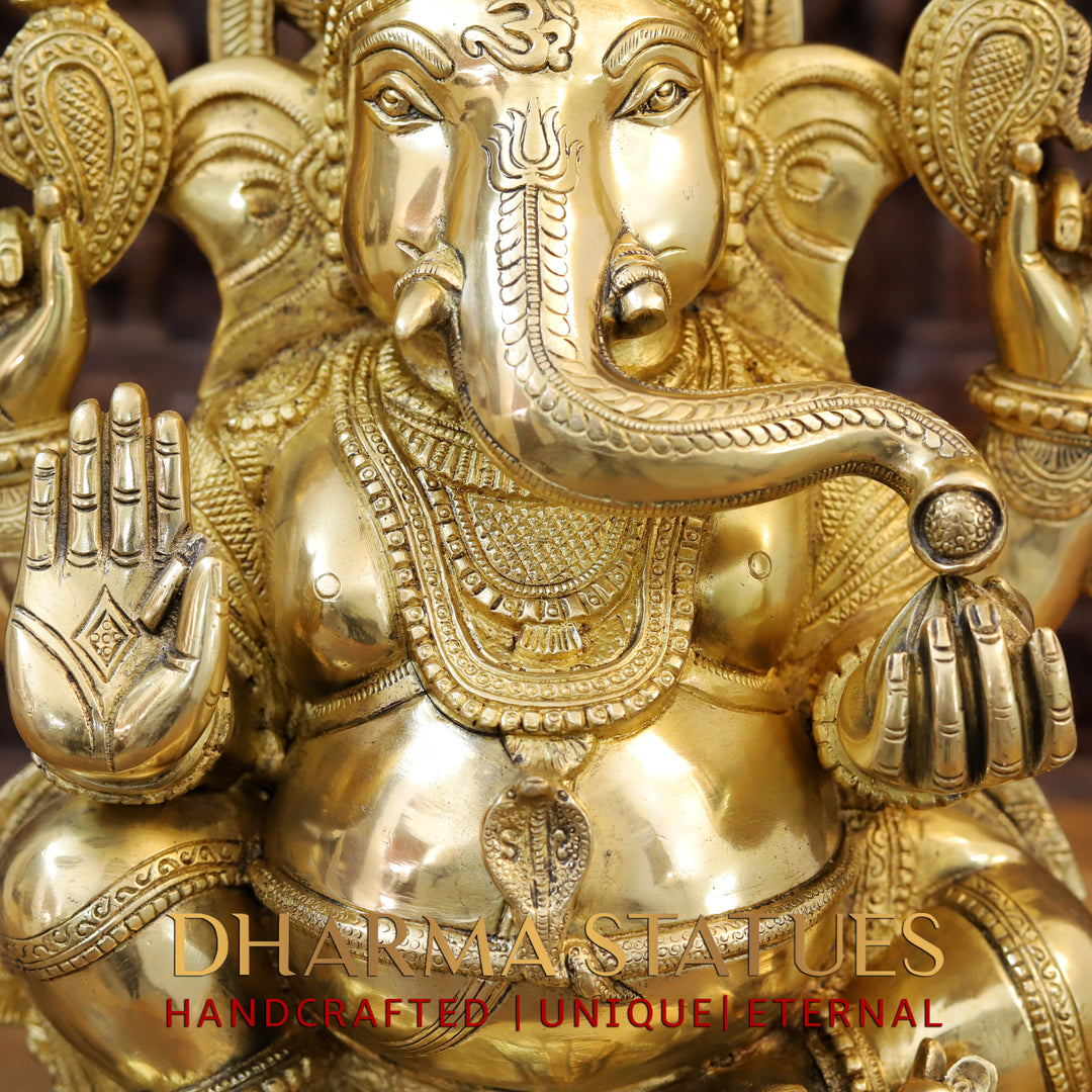 Brass Ganesh Seated , With Surya on the Back, Special Gold Finish 20"