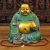 Brass Laughing Buddha Idol, Seated, Golden & Green patina Finish 13"