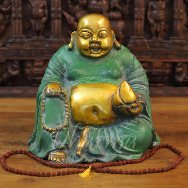 Brass Laughing Buddha Idol, Seated, Golden & Green patina Finish 13"