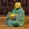 Brass Laughing Buddha Idol, Seated, Golden & Green patina Finish 13" side view