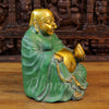 Brass Laughing Buddha Idol, Seated, Golden & Green patina Finish 13" side view