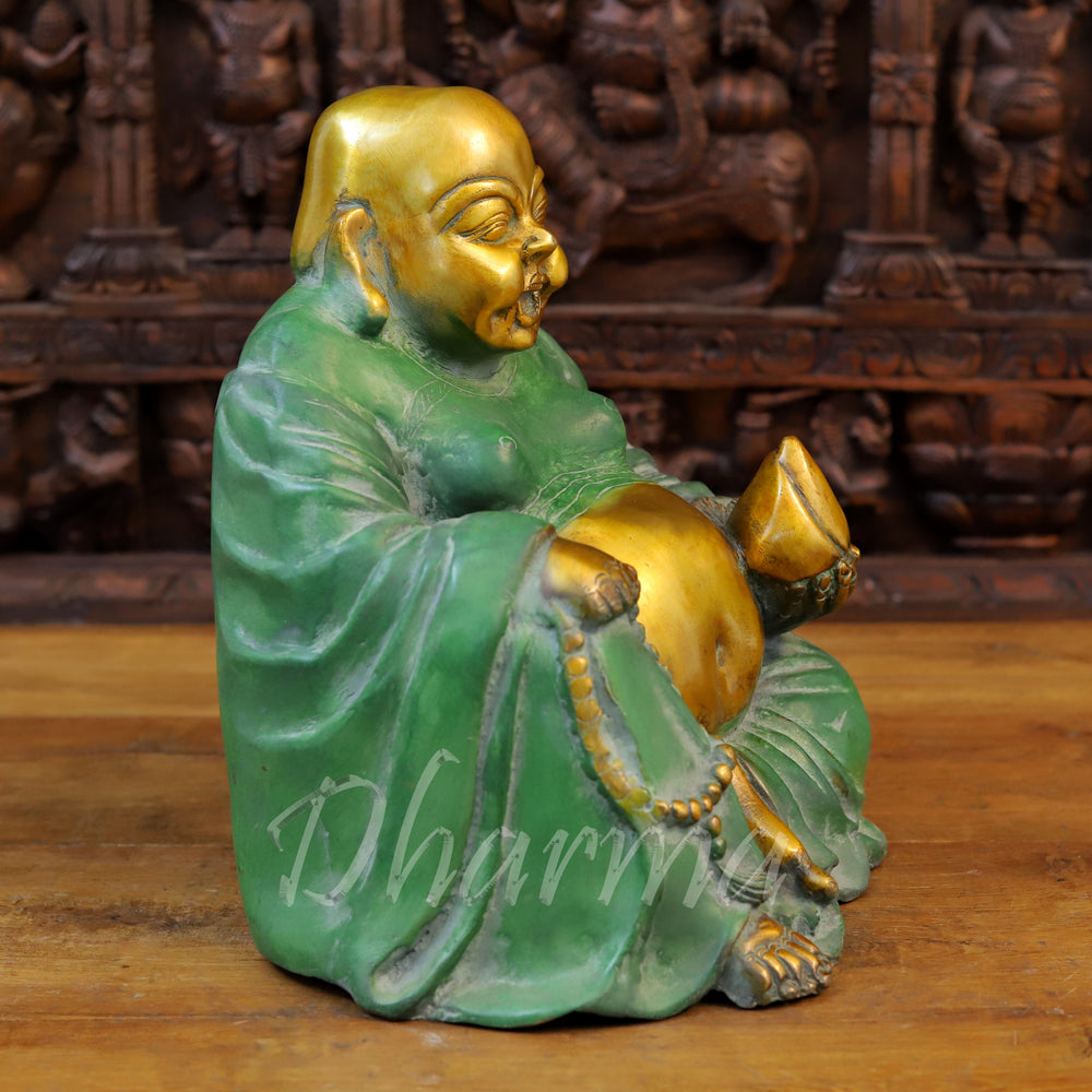 Brass Laughing Buddha Idol, Seated, Golden & Green patina Finish 13" side view