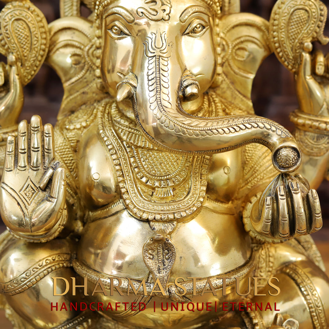 Brass Ganesh Seated , With Surya on the Back, Special Gold Finish 20"