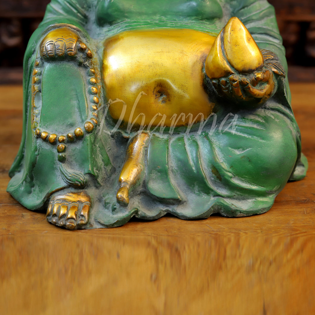 Brass Laughing Buddha Idol, Seated, Golden & Green patina Finish 13"