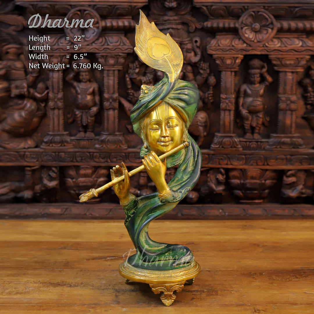 Brass Lord Krishna Idol, Modern Krishna, Green patina & Golden Finish 22" front view