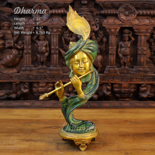 Brass Lord Krishna Idol, Modern Krishna, Green patina & Golden Finish 22" front view