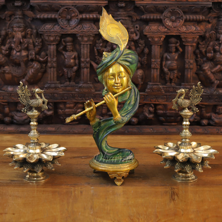 Brass Lord Krishna Idol, Modern Krishna, Green patina & Golden Finish 22"