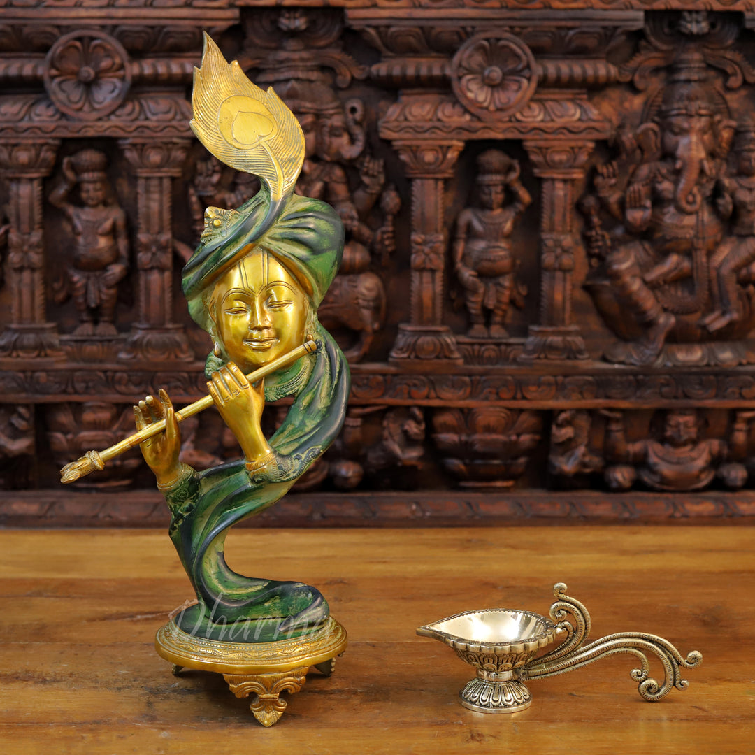 Brass Lord Krishna Idol, Modern Krishna, Green patina & Golden Finish 22"