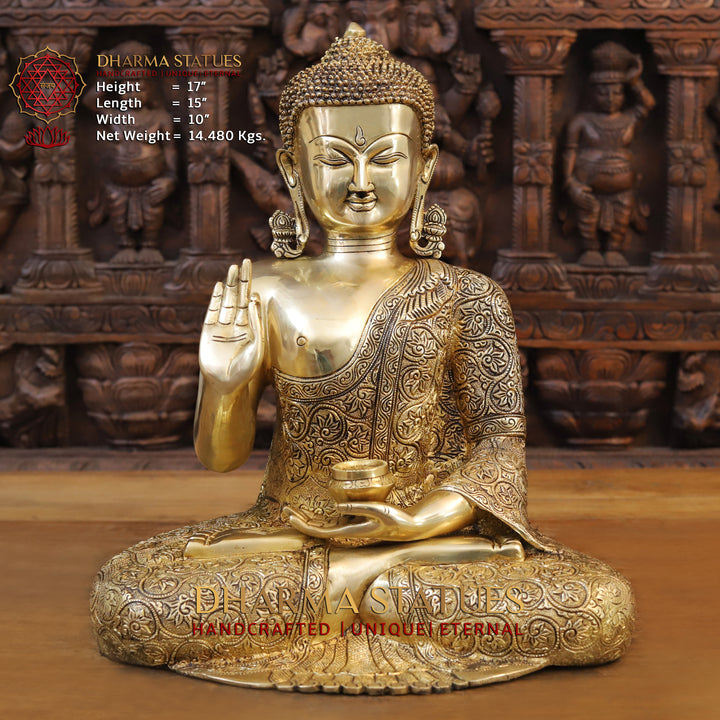 Brass Buddha Idol, Seated in a Blessing Posture, Fine Golden Finish 17"