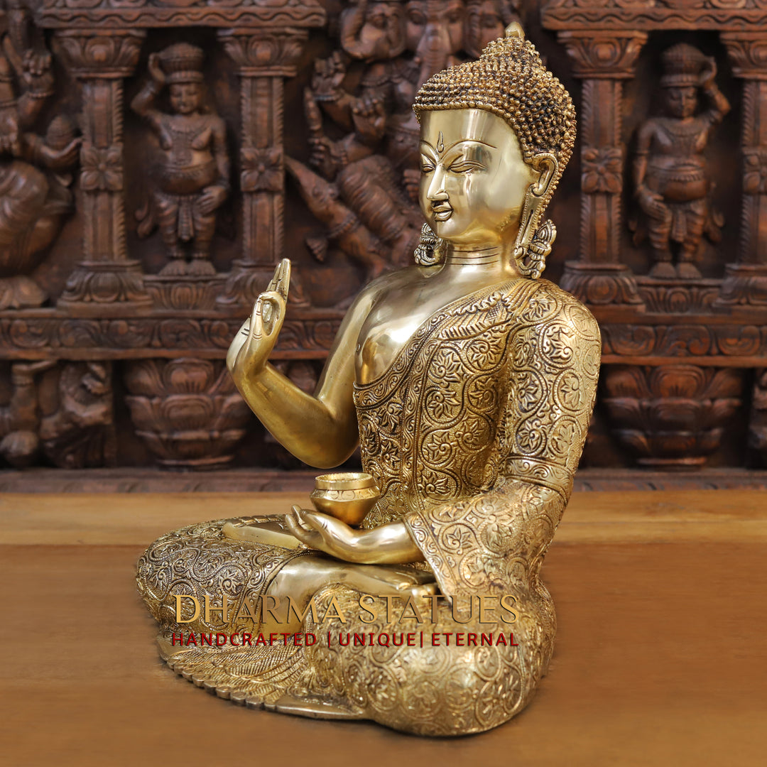 Brass Buddha Idol, Seated in a Blessing Posture, Fine Golden Finish 17"