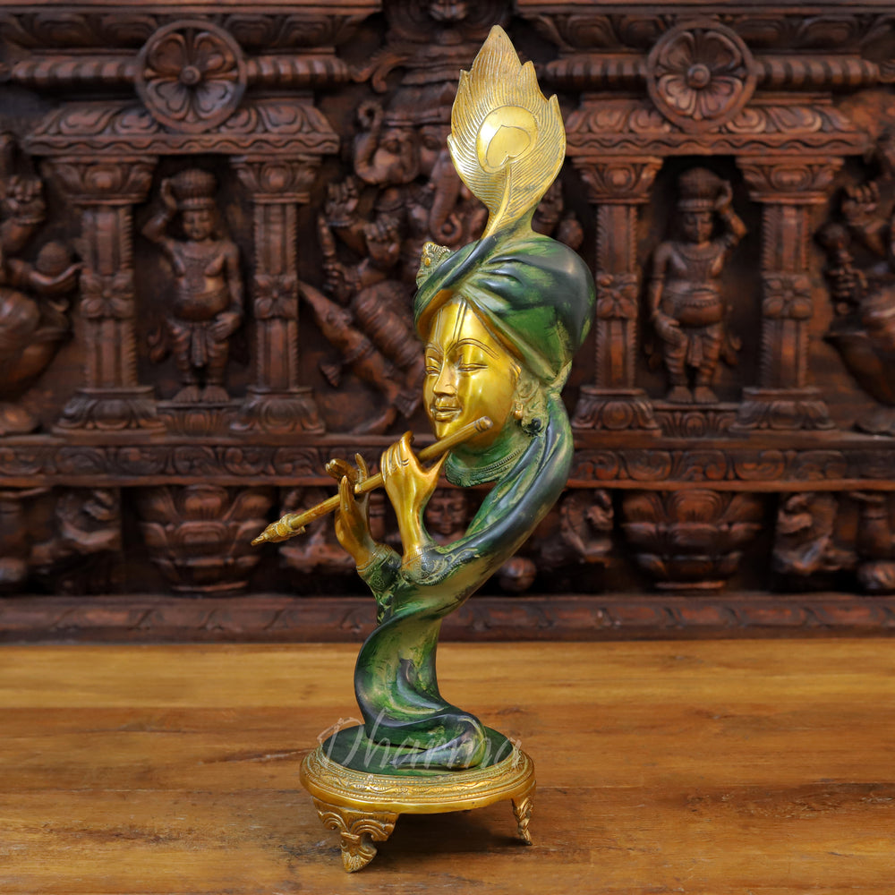 Brass Lord Krishna Idol, Modern Krishna, Green patina & Golden Finish 22" side view