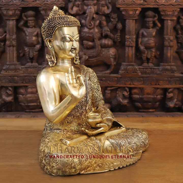 Brass Buddha Idol, Seated in a Blessing Posture, Fine Golden Finish 17"