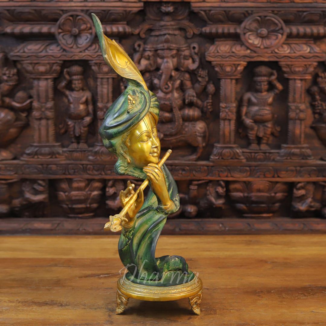 Brass Lord Krishna Idol, Modern Krishna, Green patina & Golden Finish 22" side view