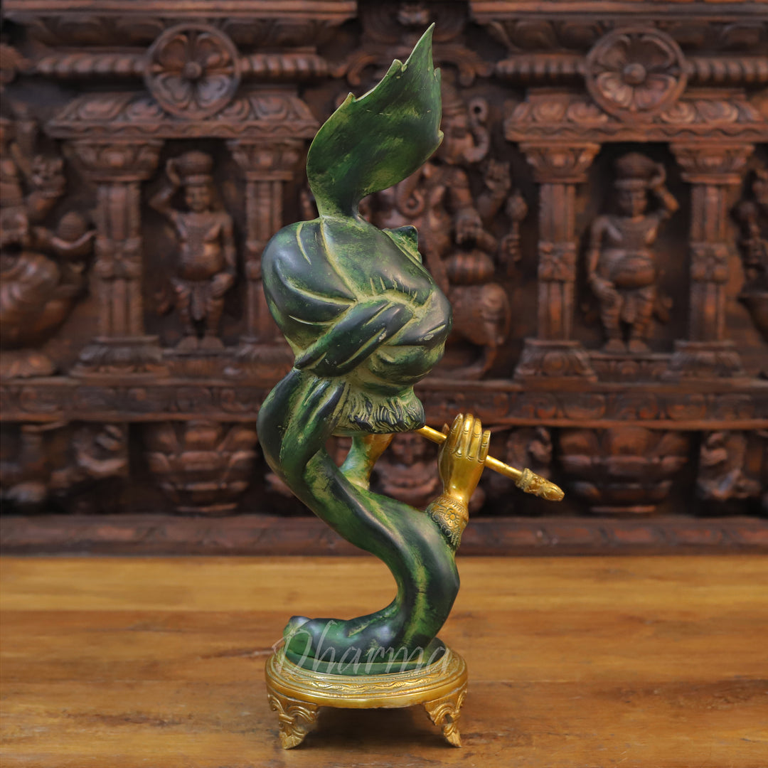 Brass Lord Krishna Idol, Modern Krishna, Green patina & Golden Finish 22" back view