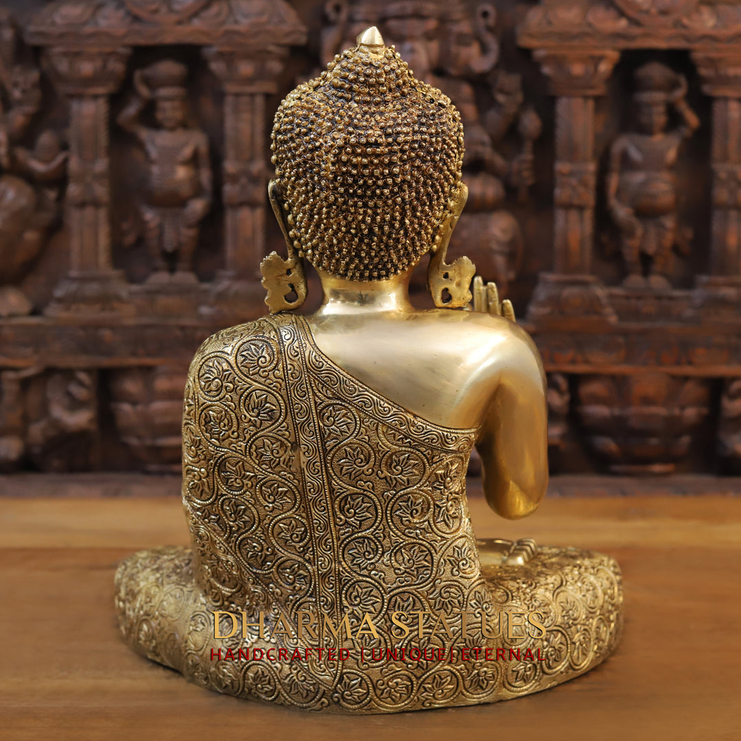 Brass Buddha Idol, Seated in a Blessing Posture, Fine Golden Finish 17"