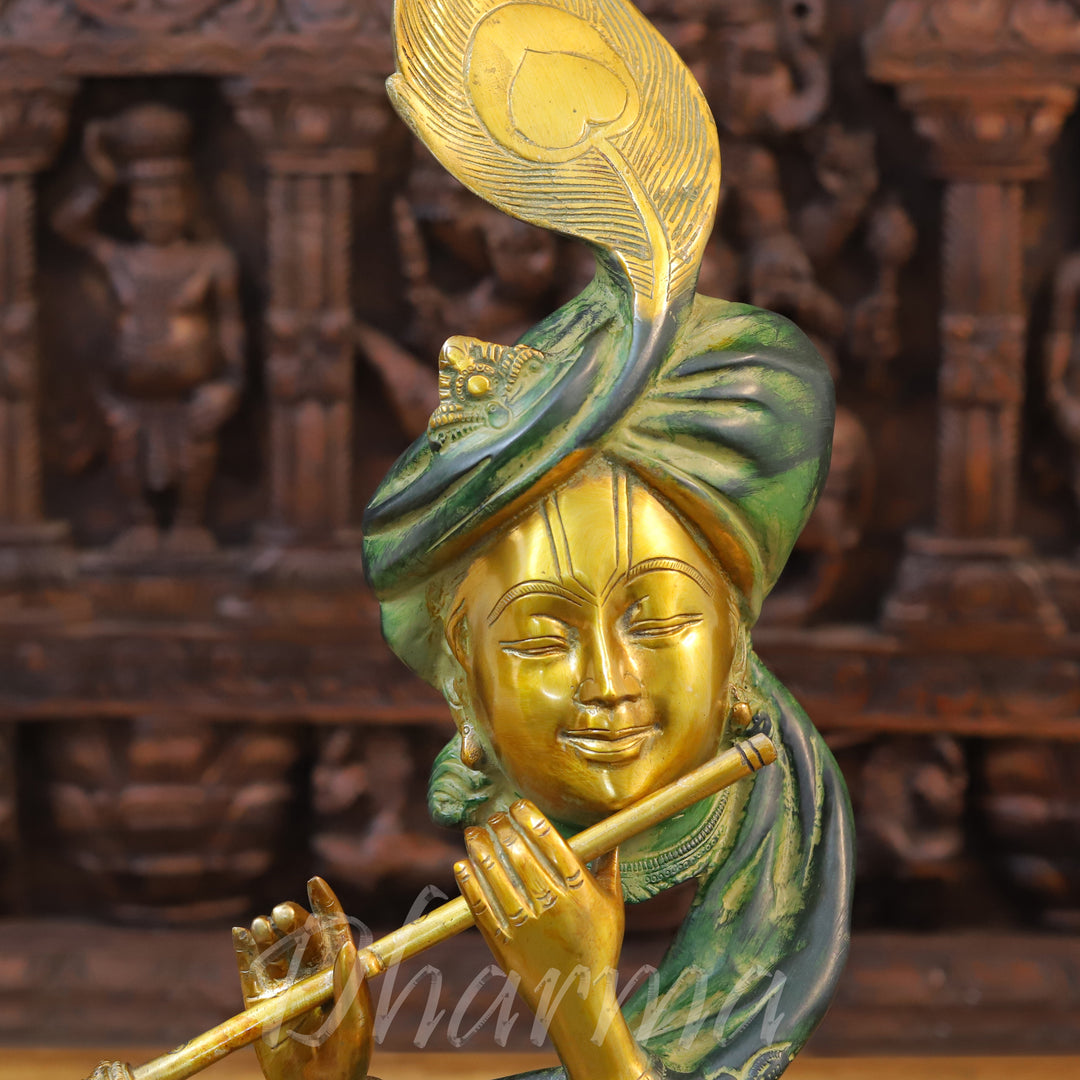 Brass Lord Krishna Idol, Modern Krishna, Green patina & Golden Finish 22"