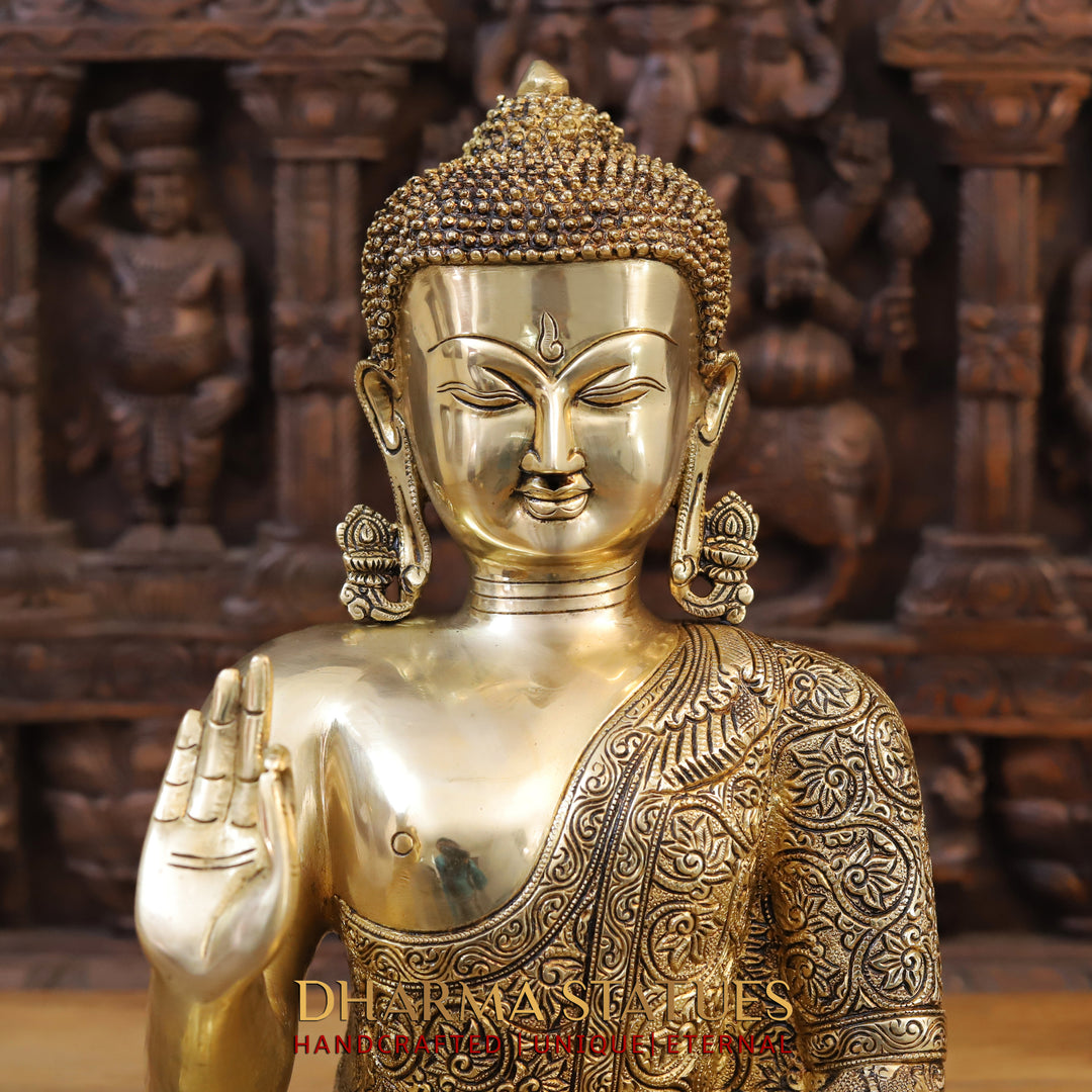 Brass Buddha Idol, Seated in a Blessing Posture, Fine Golden Finish 17"