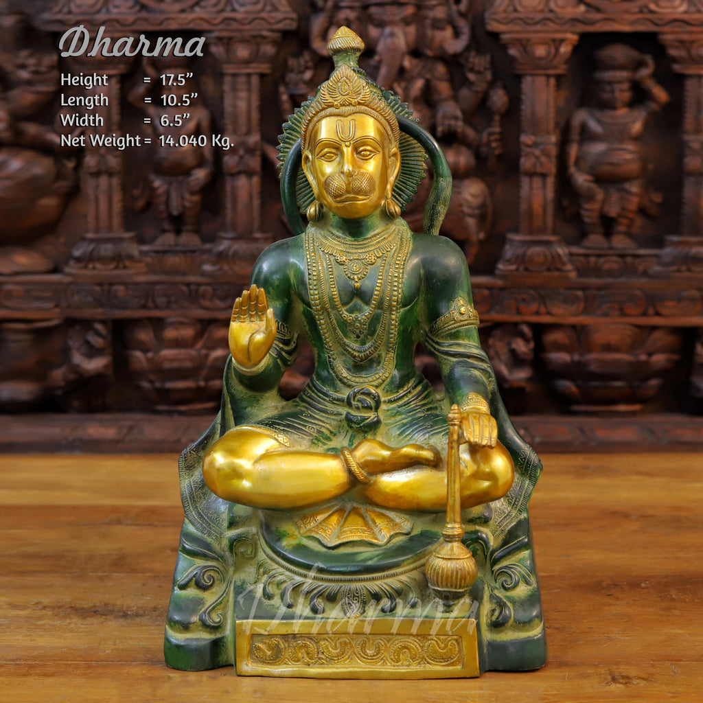 Brass Hanuman Statue, Seated in Blessing Posture, Green Patina & Golden Finish 17.5" front view