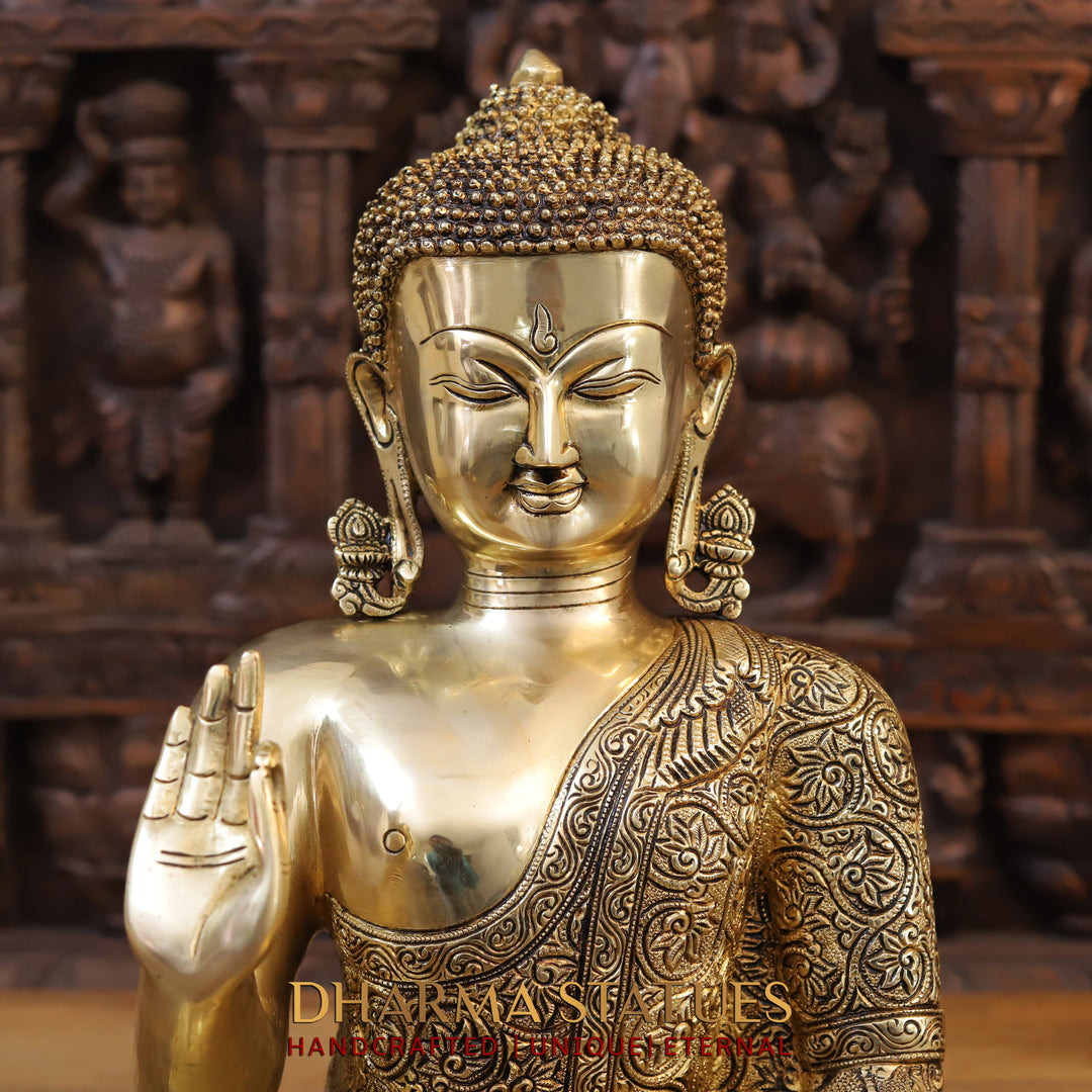 Brass Buddha Idol, Seated in a Blessing Posture, Fine Golden Finish 17"