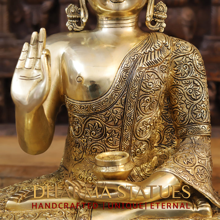 Brass Buddha Idol, Seated in a Blessing Posture, Fine Golden Finish 17"