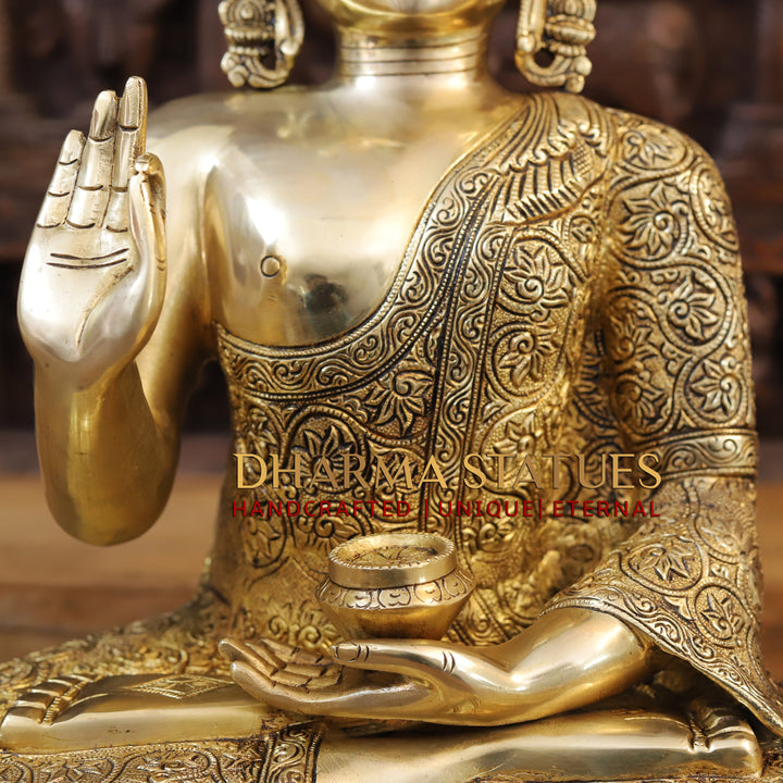 Brass Buddha Idol, Seated in a Blessing Posture, Fine Golden Finish 17"