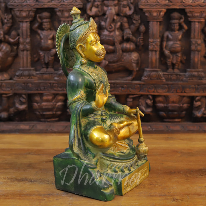 Brass Hanuman Statue, Seated in Blessing Posture, Green Patina & Golden Finish 17.5" side view