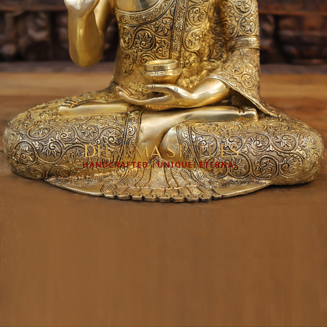 Brass Buddha Idol, Seated in a Blessing Posture, Fine Golden Finish 17"