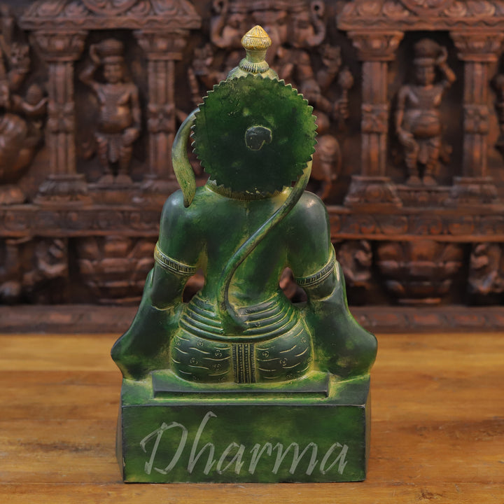 Brass Hanuman Statue, Seated in Blessing Posture, Green Patina & Golden Finish 17.5" back view