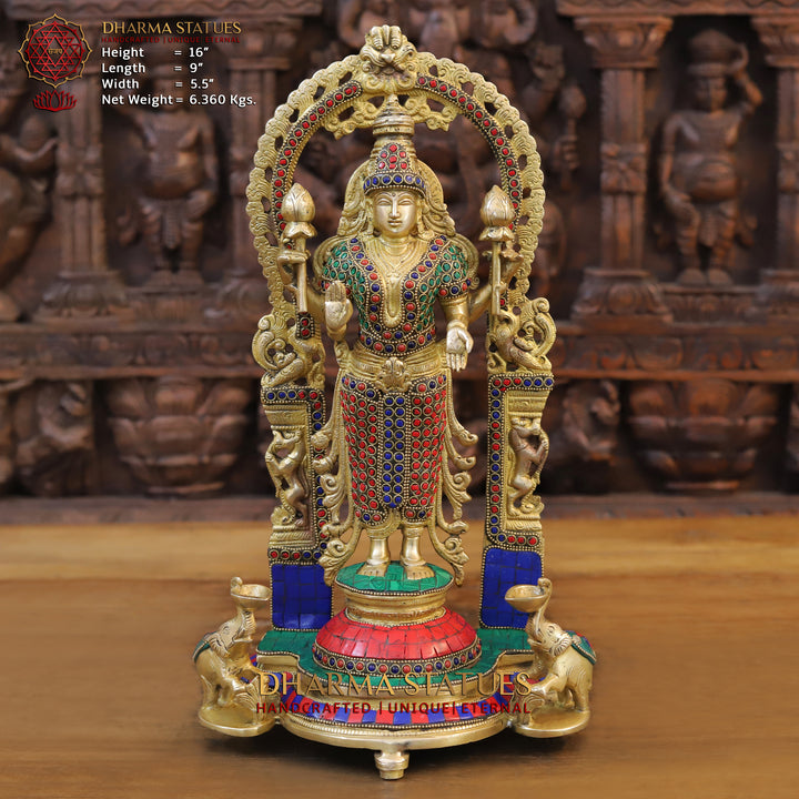 Brass Tirupati Balaji Statue, Fine Golden and Stone work 16" Front View