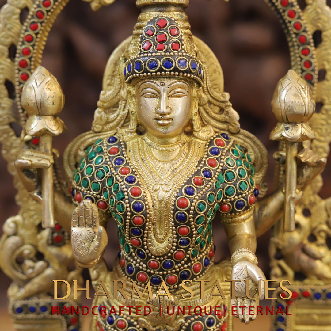 Brass Lakshmi Statue, Fine Gold Finish with Stone work 16"