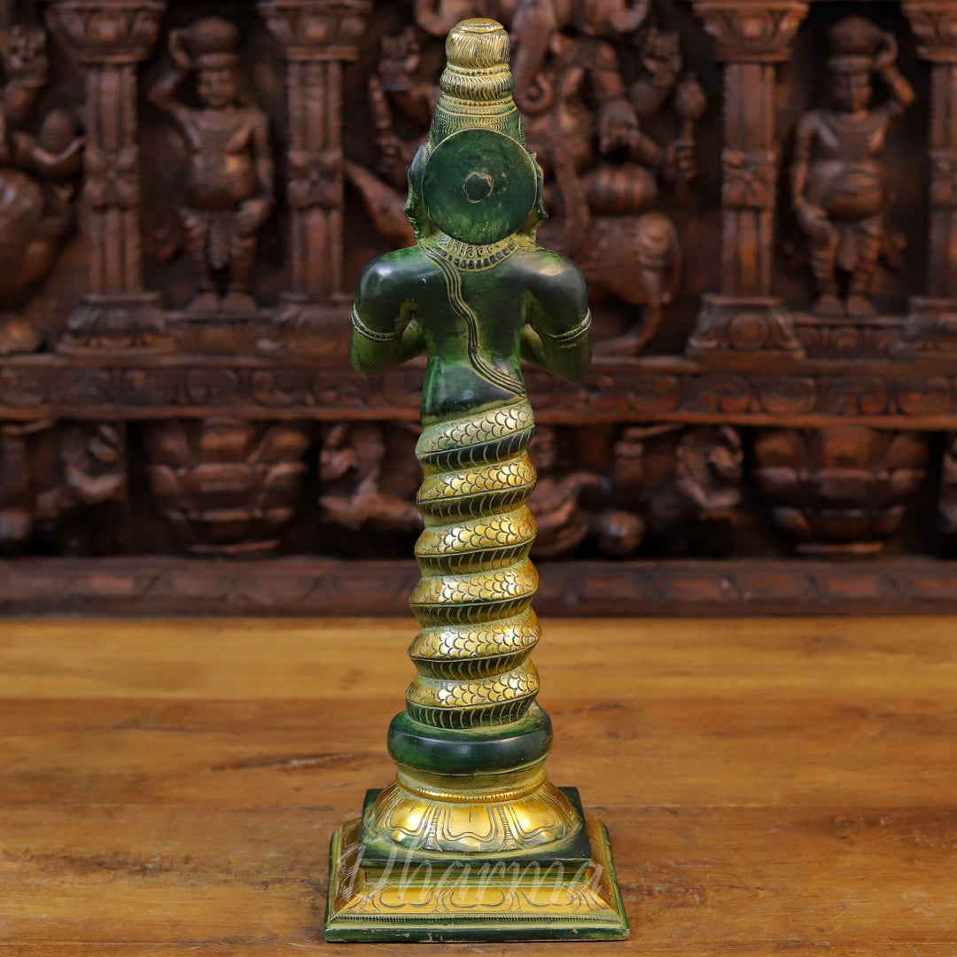 Brass Patanjali Idol, Green Patina and Golden Finish 17.5" back view