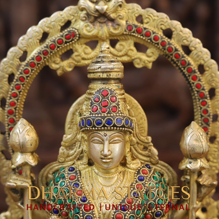 Brass Lakshmi Vishnu Statue in Mahayaksh Frame – Adorned with Semi-Precious Stones, 16"