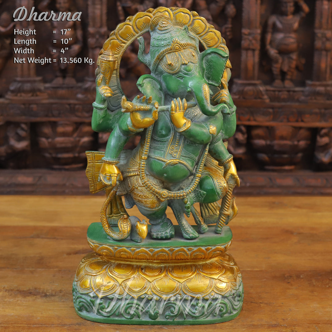 Brass Ganesh Idol, Green Patina and Golden Finish 17" front view