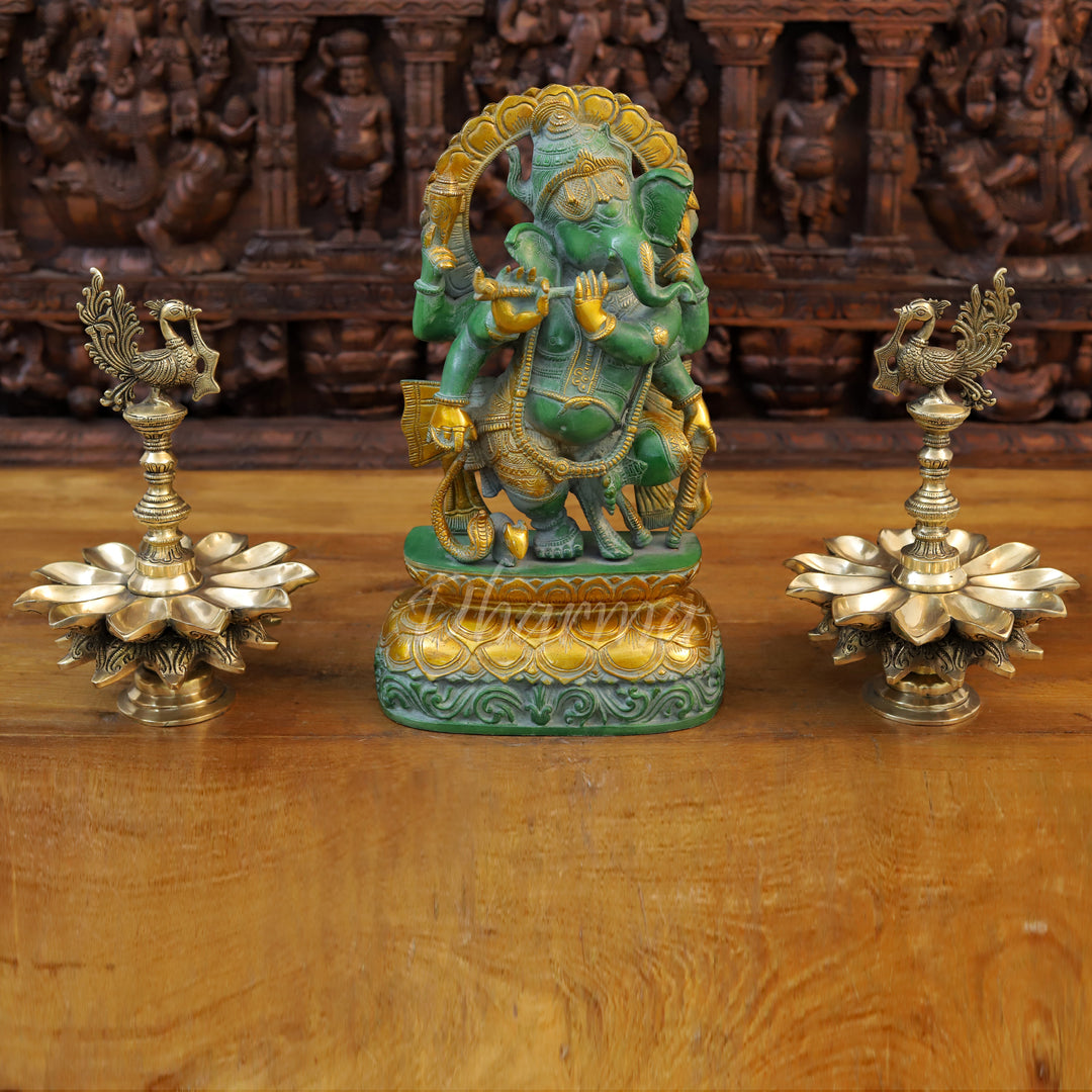 Brass Ganesh Playing Flute, Green Patina and Golden Finish 17"