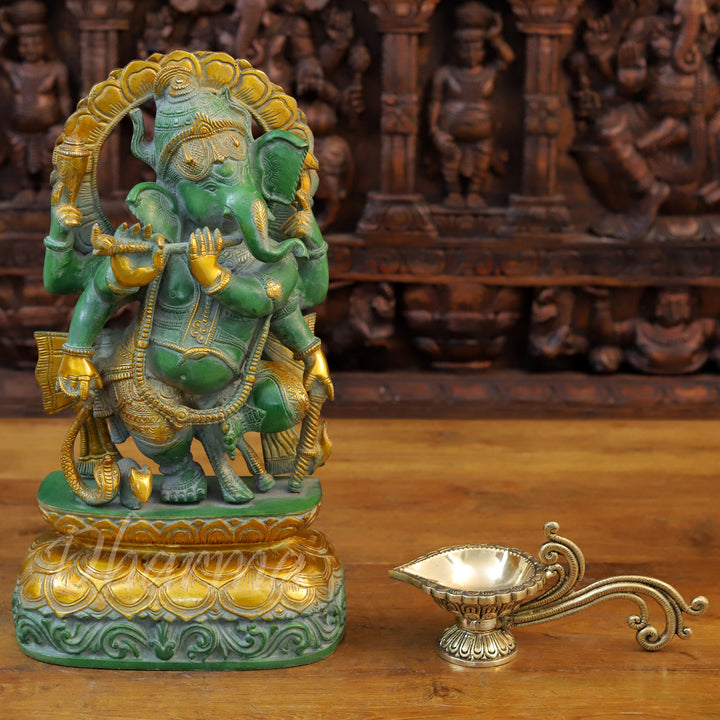 Brass Ganesh Playing Flute, Green Patina and Golden Finish 17"